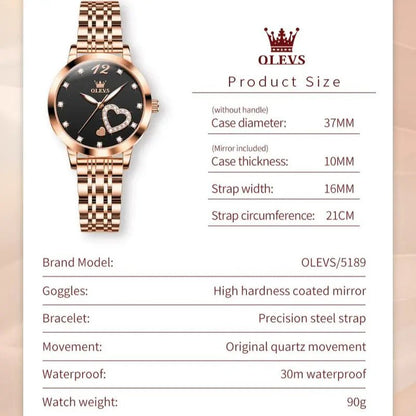 5189 Original Quartz Women Watch Stainless Steel Strap Diamond Heart Design Quartz Watch for Women Elegant Ladies Watch - RareFindGifts