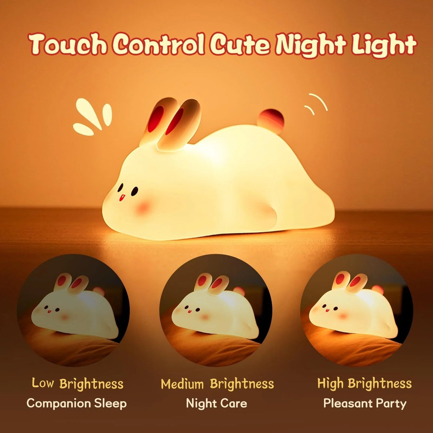 Cute LED Night Light Touch Sensor Cartoon Kid'S Nightlights Big Face Rabbit Silicone Night Light Christmas Gift Bedside Lamp Home Decor - RareFindGifts