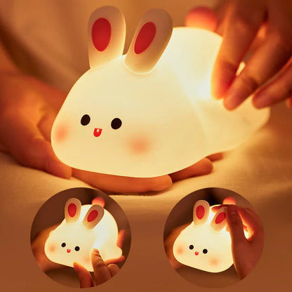 Cute LED Night Light Touch Sensor Cartoon Kid'S Nightlights Big Face Rabbit Silicone Night Light Christmas Gift Bedside Lamp Home Decor - RareFindGifts