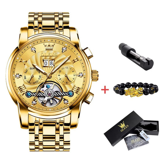 Mechanical Watches Automatic Watch Men Waterproof Stainless Steel Strap Skeleton Gold Watch Male Wristwatch - RareFindGifts