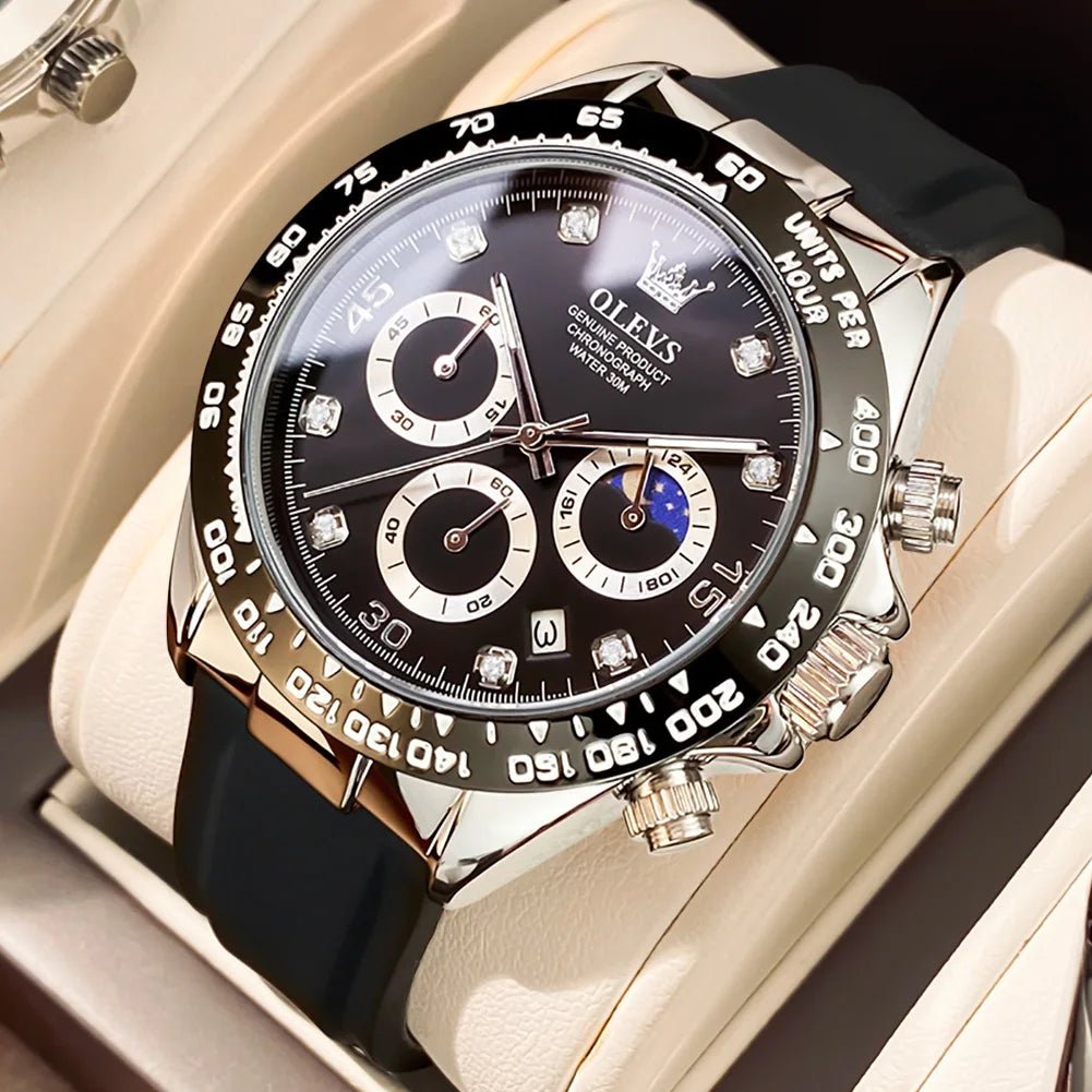 OLEVS Men’s Lunar Phase Chronograph Watch | Waterproof Silicone Strap | Luminous Dial & Diamond Accents | Sport Luxury Design - RareFindGifts