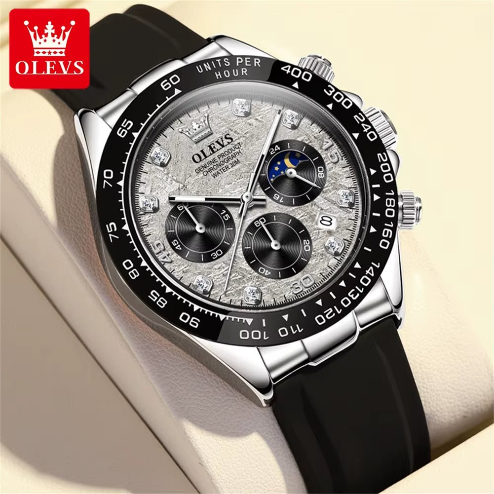 OLEVS Men’s Lunar Phase Chronograph Watch | Waterproof Silicone Strap | Luminous Dial & Diamond Accents | Sport Luxury Design - RareFindGifts