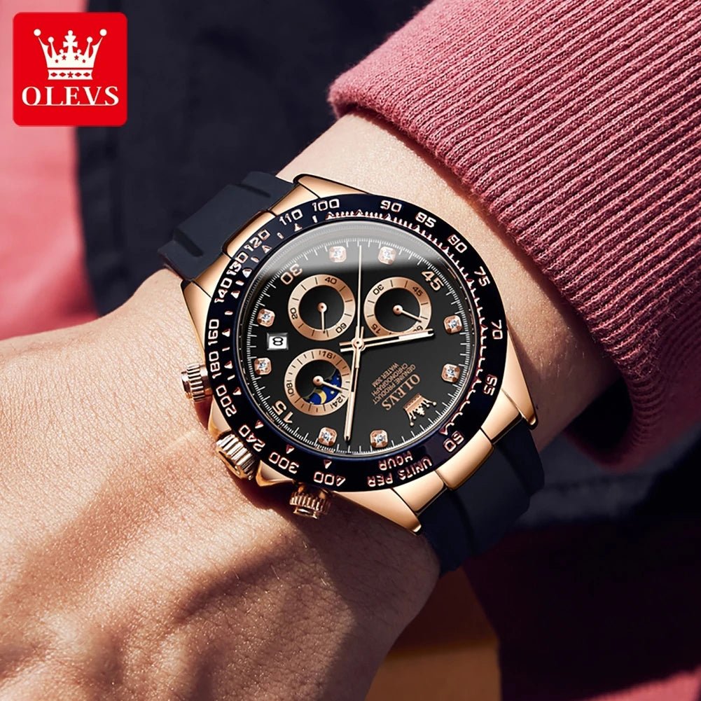 OLEVS Men’s Lunar Phase Chronograph Watch | Waterproof Silicone Strap | Luminous Dial & Diamond Accents | Sport Luxury Design - RareFindGifts