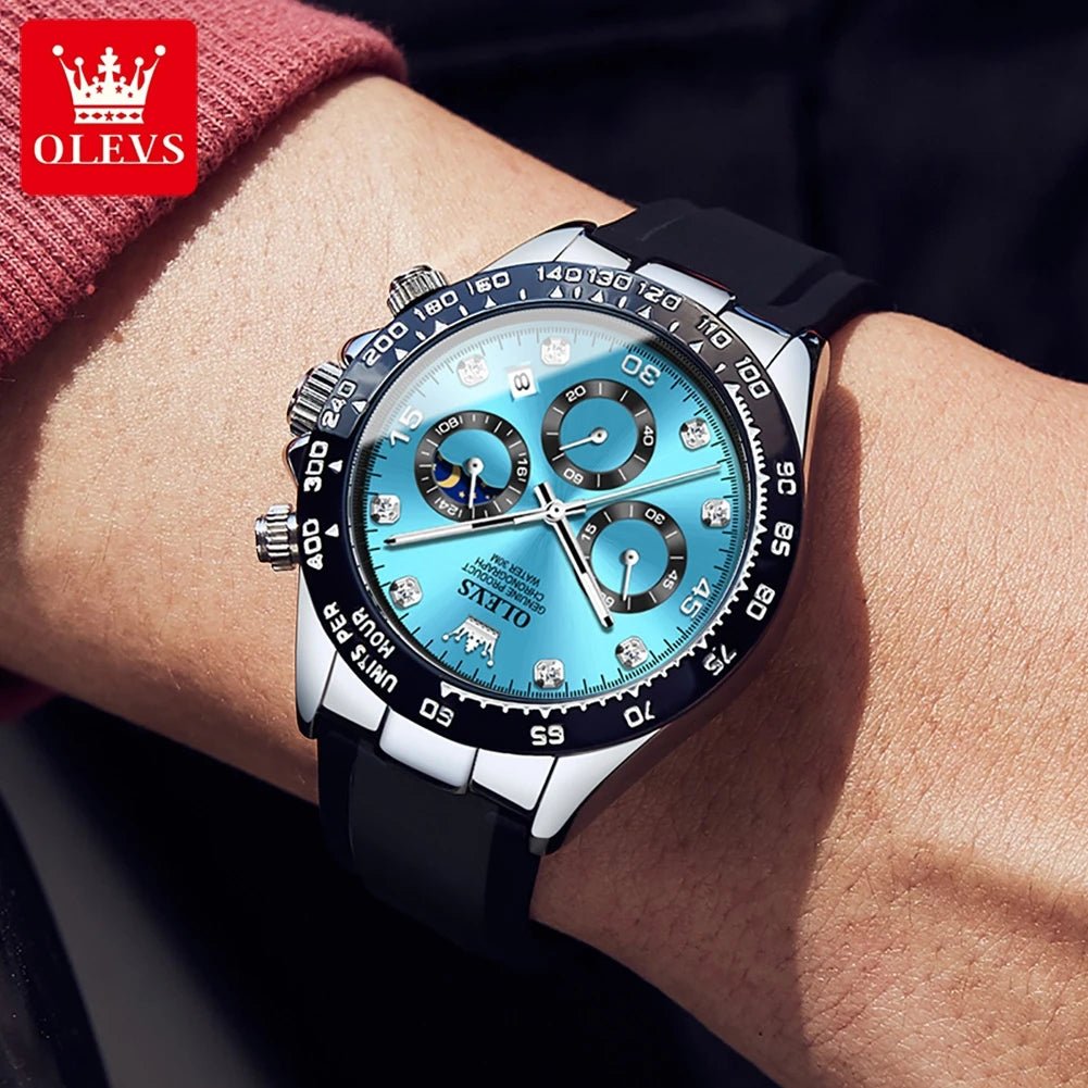 OLEVS Men’s Lunar Phase Chronograph Watch | Waterproof Silicone Strap | Luminous Dial & Diamond Accents | Sport Luxury Design - RareFindGifts