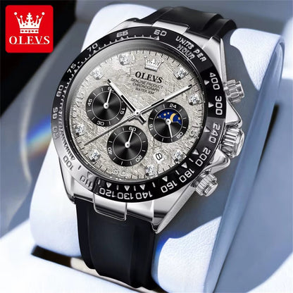 OLEVS Men’s Lunar Phase Chronograph Watch | Waterproof Silicone Strap | Luminous Dial & Diamond Accents | Sport Luxury Design - RareFindGifts