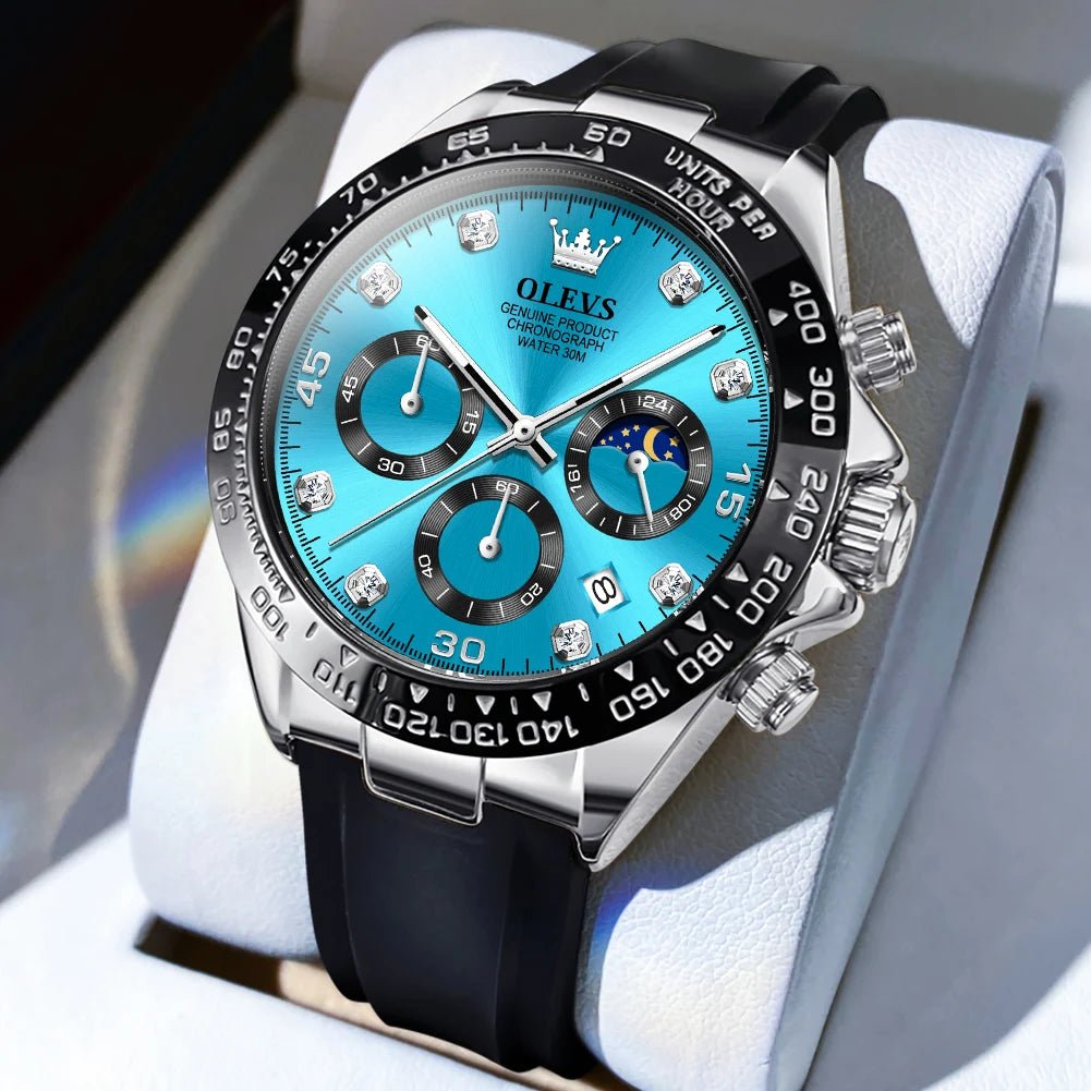 OLEVS Men’s Lunar Phase Chronograph Watch | Waterproof Silicone Strap | Luminous Dial & Diamond Accents | Sport Luxury Design - RareFindGifts