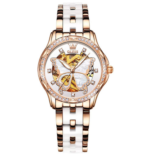 OLEVS Women’s Luxury Skeleton Watch | Rose Gold Automatic Mechanical | Butterfly Diamond Design | 30M Waterproof + Gift Box - RareFindGifts