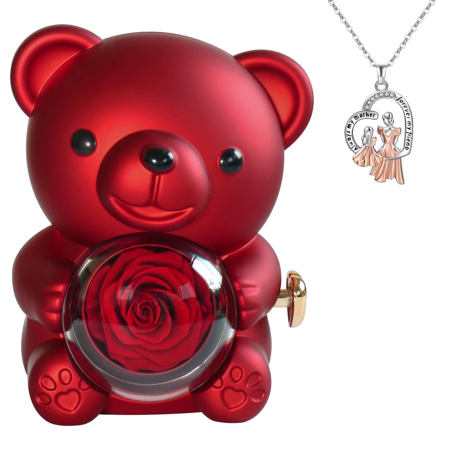 Real Preserved Rose Bear Gift Box Necklace Set Rotating Eternal Rose Jewelry Box Valentine Wedding Storage Gift Case for Women - RareFindGifts