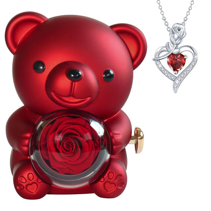 Real Preserved Rose Bear Gift Box Necklace Set Rotating Eternal Rose Jewelry Box Valentine Wedding Storage Gift Case for Women - RareFindGifts