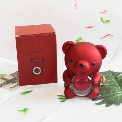 Real Preserved Rose Bear Gift Box Necklace Set Rotating Eternal Rose Jewelry Box Valentine Wedding Storage Gift Case for Women - RareFindGifts