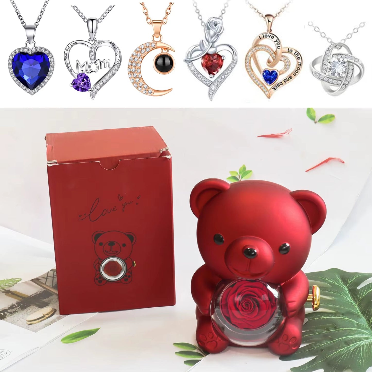 Real Preserved Rose Bear Gift Box Necklace Set Rotating Eternal Rose Jewelry Box Valentine Wedding Storage Gift Case for Women - RareFindGifts