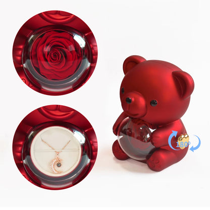 Real Preserved Rose Bear Gift Box Necklace Set Rotating Eternal Rose Jewelry Box Valentine Wedding Storage Gift Case for Women - RareFindGifts