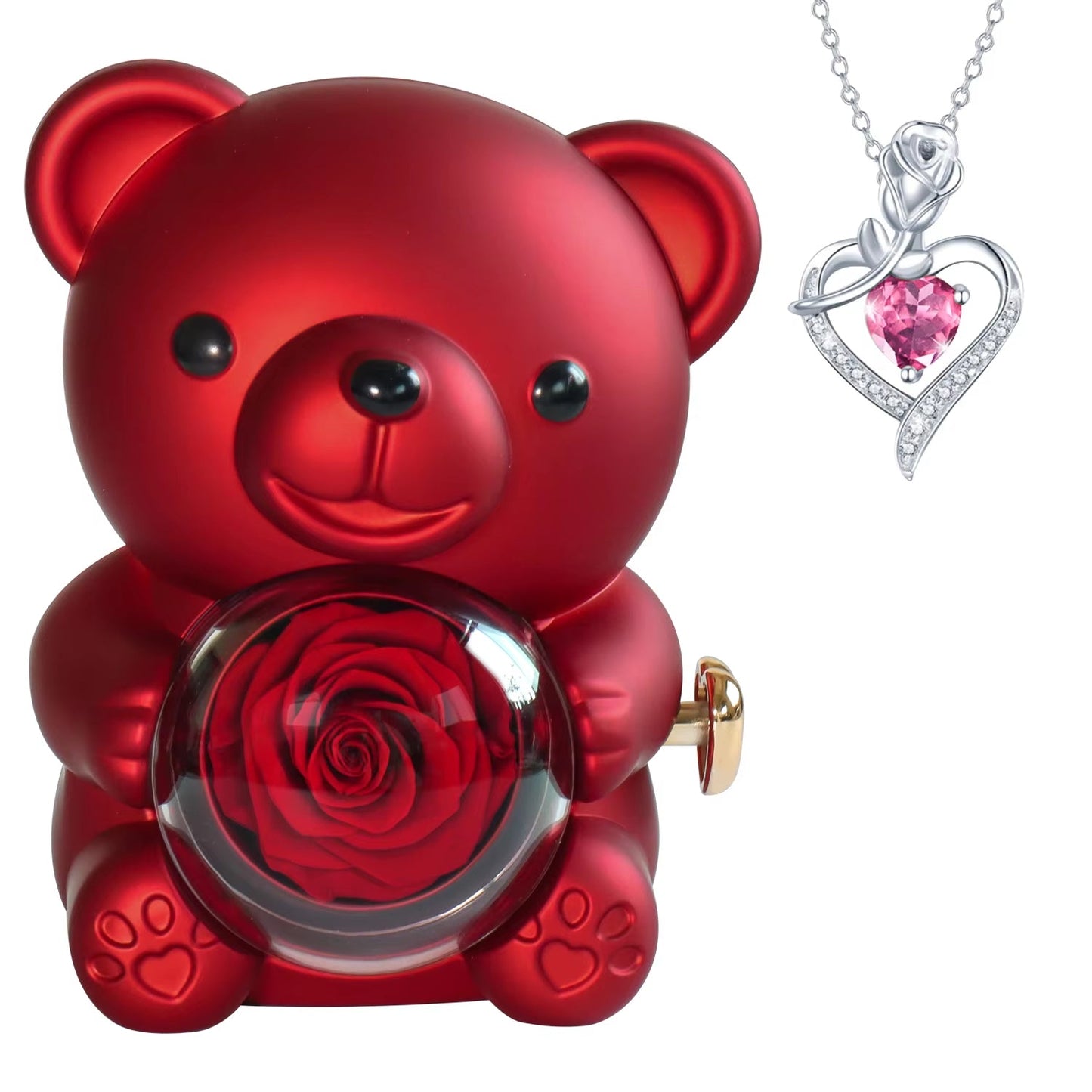 Real Preserved Rose Bear Gift Box Necklace Set Rotating Eternal Rose Jewelry Box Valentine Wedding Storage Gift Case for Women - RareFindGifts