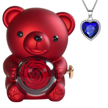 Real Preserved Rose Bear Gift Box Necklace Set Rotating Eternal Rose Jewelry Box Valentine Wedding Storage Gift Case for Women - RareFindGifts