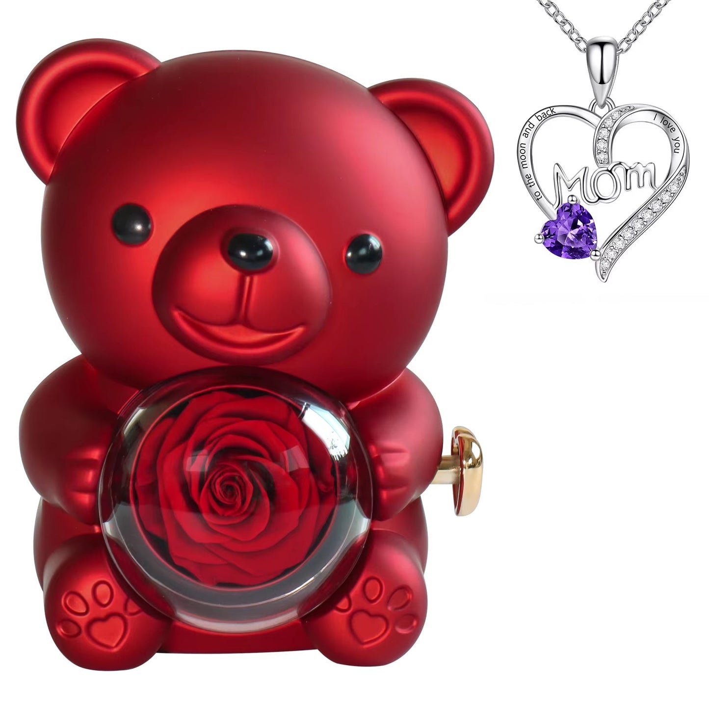 Real Preserved Rose Bear Gift Box Necklace Set Rotating Eternal Rose Jewelry Box Valentine Wedding Storage Gift Case for Women - RareFindGifts