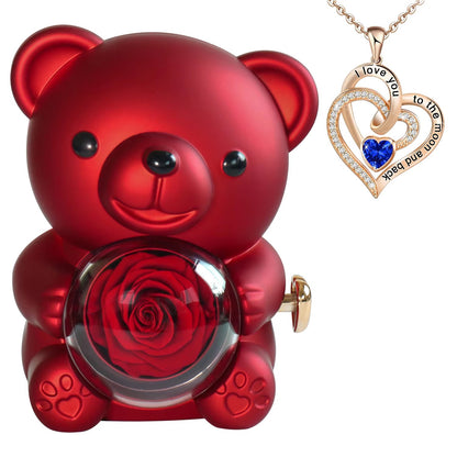 Real Preserved Rose Bear Gift Box Necklace Set Rotating Eternal Rose Jewelry Box Valentine Wedding Storage Gift Case for Women - RareFindGifts