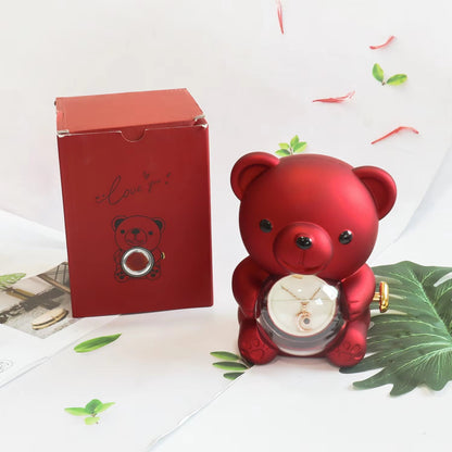 Real Preserved Rose Bear Gift Box Necklace Set Rotating Eternal Rose Jewelry Box Valentine Wedding Storage Gift Case for Women - RareFindGifts