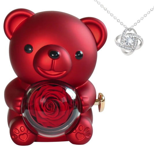 Real Preserved Rose Bear Gift Box Necklace Set Rotating Eternal Rose Jewelry Box Valentine Wedding Storage Gift Case for Women - RareFindGifts