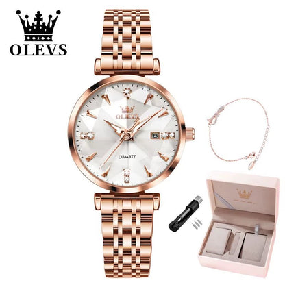 Women Luxury Jewelry Quartz Watch Waterproof Stainless Steel Strap Rose Gold Watch for Women Fashion Watch Bracelet Set - RareFindGifts