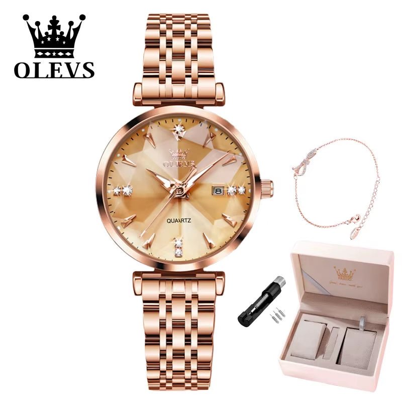 Women Luxury Jewelry Quartz Watch Waterproof Stainless Steel Strap Rose Gold Watch for Women Fashion Watch Bracelet Set - RareFindGifts